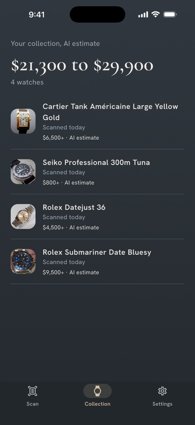 Collection screen with total value range